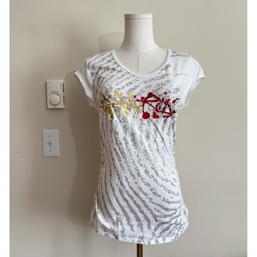 Ecko Unltd Womens Large V Neck Slim Fit Top White Red Gold Skater Grunge